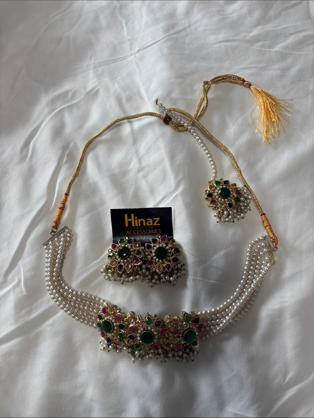 Accessories Green & Pink Pearl Choker Set with Gold Accents